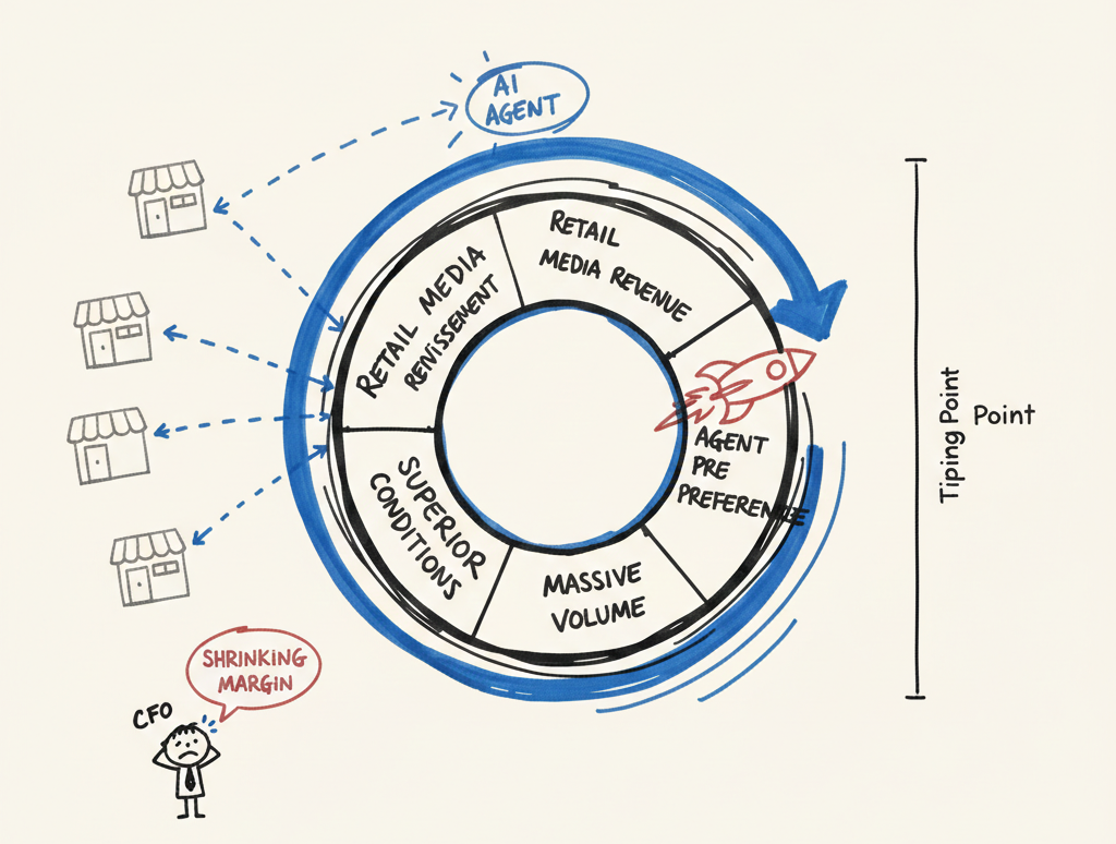 The Monopoly Flywheel: Retail Media Revenue funds superior conditions, which earn AI agent preference, which drives massive volume, which generates more Retail Media Revenue — while competitors lose traffic and the CFO watches margins shrink temporarily